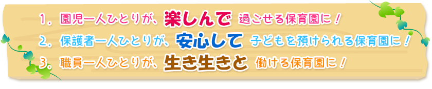 １．園児一人ひとりが、楽しんで過ごせる保育園に！　２．保護者一人ひとりが、安心して子どもを預けられる保育園に！　３．職員一人ひとりが、生き生きと働ける保育園に！