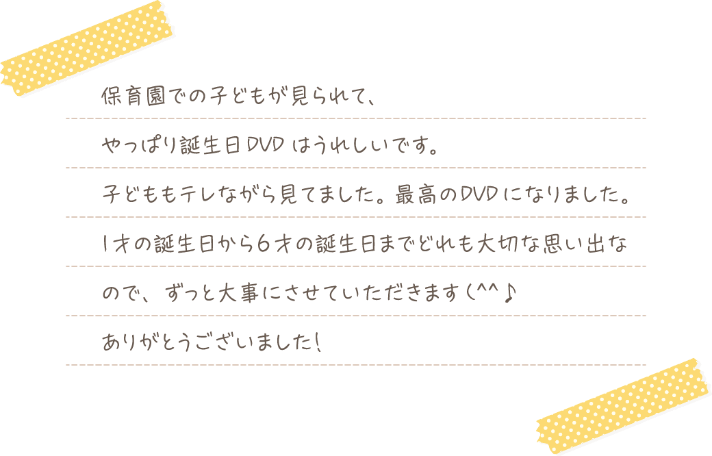 保育園での子どもが見られて、やっぱり誕生日DVDはうれしいです。子どももテレながら見てました。最高のDVDになりました。1才の誕生日から6才の誕生日までどれも大切な思い出なので、ずっと大事にさせていただきます(^^♪　ありがとうございました！