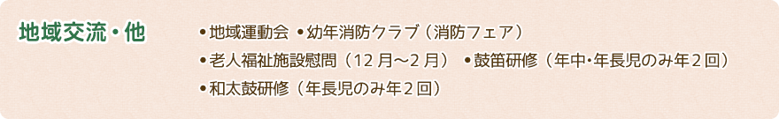 地域交流・他 地域運動会 幼年消防クラブ（消防フェア） 老人福祉施設慰問（12月〜2月） 鼓笛研修（年中・年長児のみ年2回） 和太鼓研修（年長児のみ年2回）