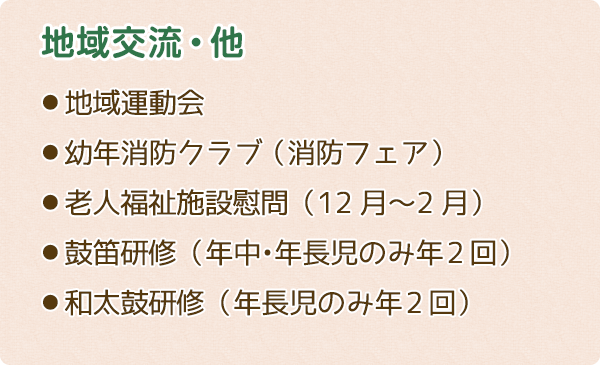 地域交流・他 地域運動会 幼年消防クラブ（消防フェア） 老人福祉施設慰問（12月〜2月） 鼓笛研修（年中・年長児のみ年2回） 和太鼓研修（年長児のみ年2回）