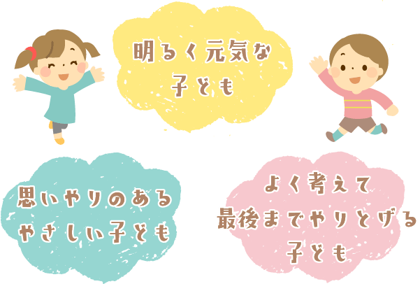 明るく元気な子ども・思いやりのあるやさしい子ども・よく考えて最後までやりとげる子ども