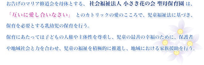 　お告げのマリア修道会を母体とする、社会福祉法人小さき花の会聖母保育園は、「互いに愛し合いなさい」とのカトリックの愛のこころで、児童福祉法に基づき、保育を必要とする乳幼児の保育を行う。
　保育にあたっては子どもの人権や主体性を尊重し、児童の最善の幸福のために、保護者や地域社会と力を合わせ、児童の福祉を積極的に推進し、地域における家族援助を行う。